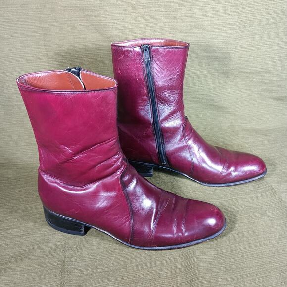 Maxdel Leather Ankle Boots Men Size 7.5 Burgundy Oxblood Side Zipper Dress Shoes - Picture 1 of 12